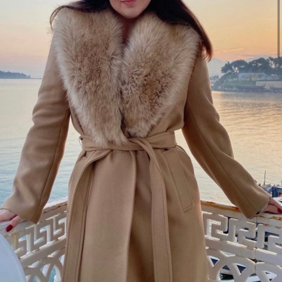 NEW Zara fur collar wool coat tan